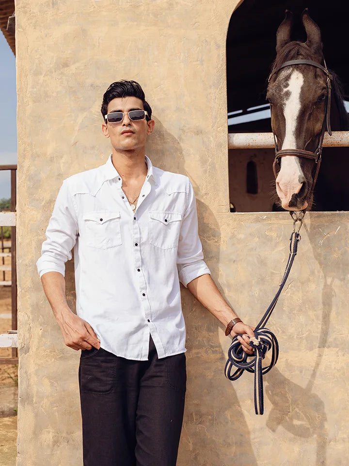 Caravan - Rana's White Cotton Twill Contrast Button Shirt