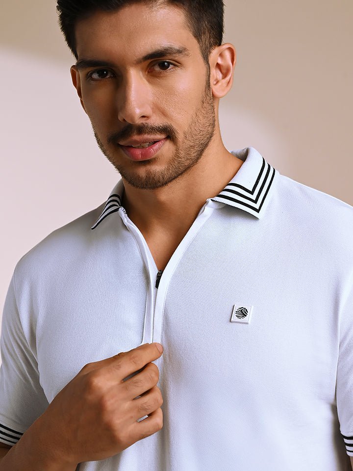Quarter Zip White Polo T-shirt - Falcon