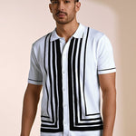 Gridlock White Geometric Knit Polo Shirt - Black & white