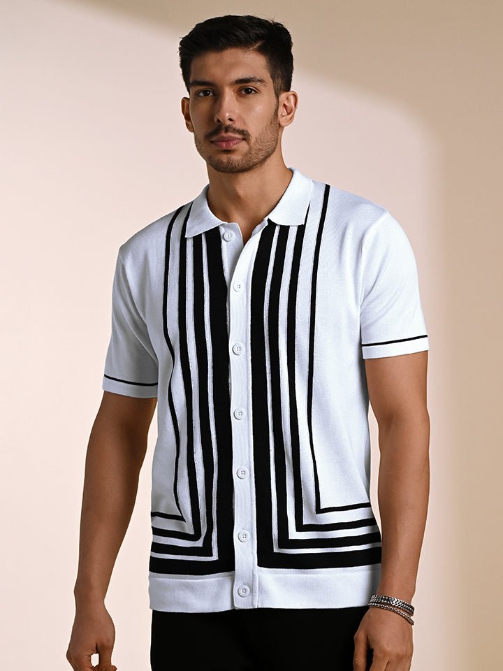 Black & white knitted polo T-shirt – stylish cotton knitwear - Gridlock