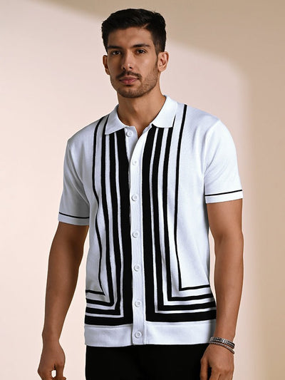 Gridlock White Geometric Knit Polo Shirt - Black & white