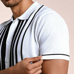 Gridlock White Geometric Knit Polo Shirt - Black & white
