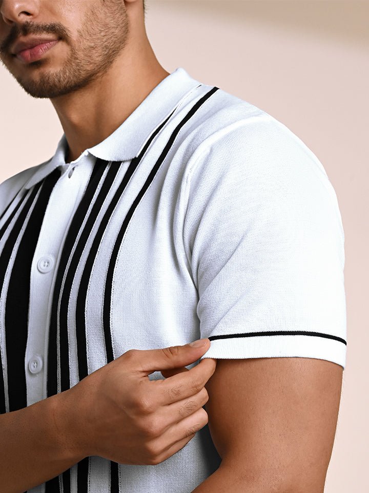 Black & white knitted polo T-shirt – stylish cotton knitwear - Gridlock