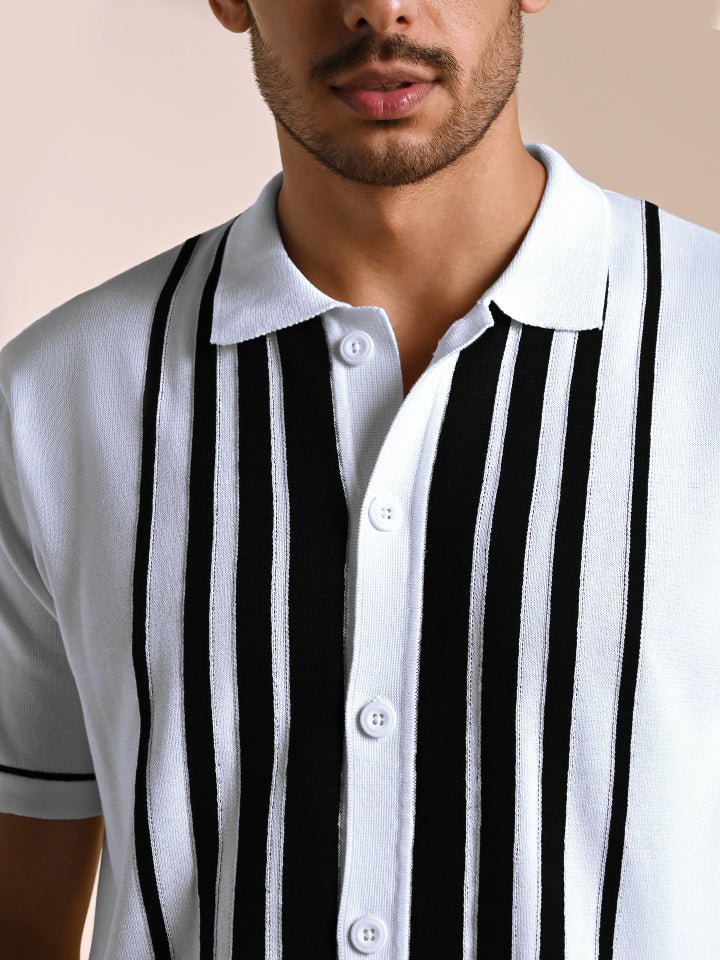 Black & white knitted polo T-shirt – stylish cotton knitwear - Gridlock