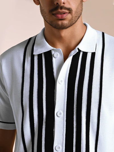 Gridlock White Geometric Knit Polo Shirt - Black & white