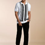 Gridlock White Geometric Knit Polo Shirt - Black & white