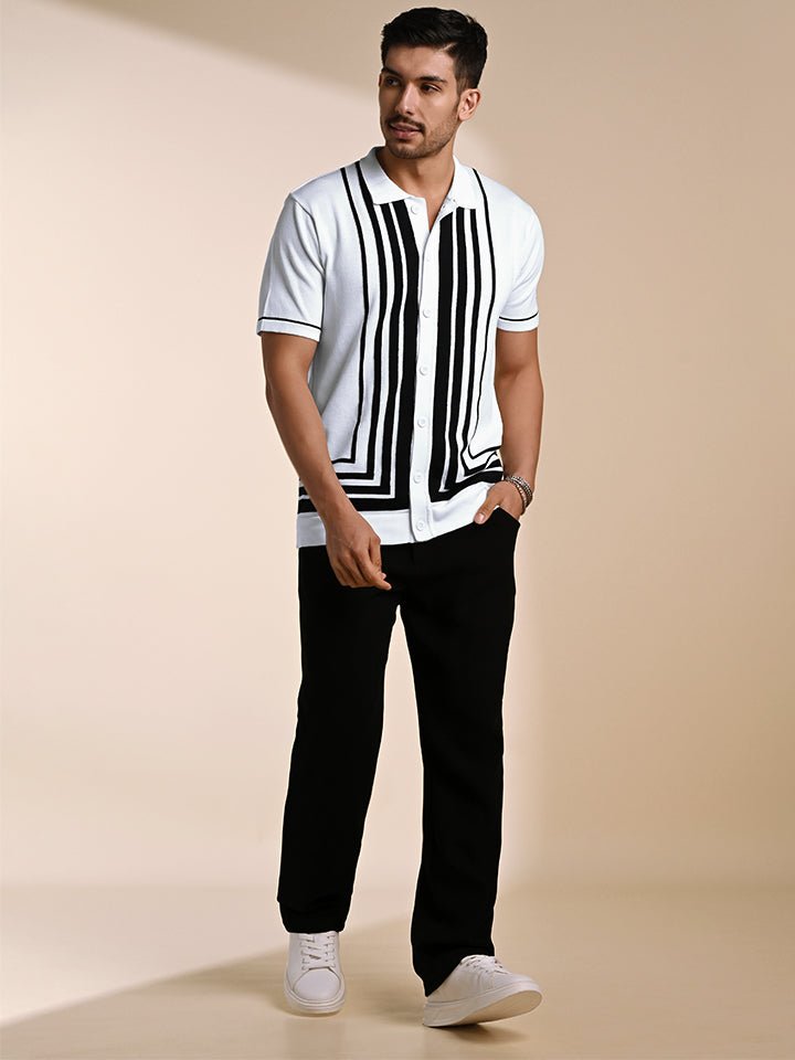 Black & white knitted polo T-shirt – stylish cotton knitwear - Gridlock