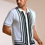 Gridlock White Geometric Knit Polo Shirt - Black & white