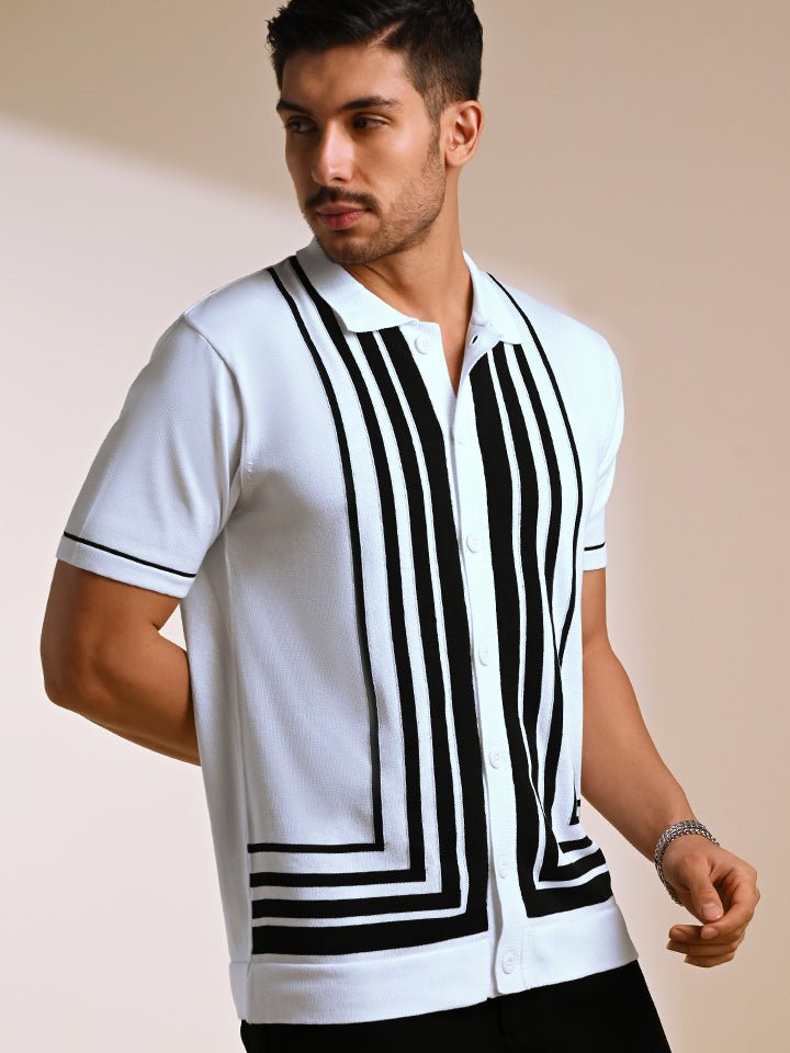 Black & white knitted polo T-shirt – stylish cotton knitwear - Gridlock