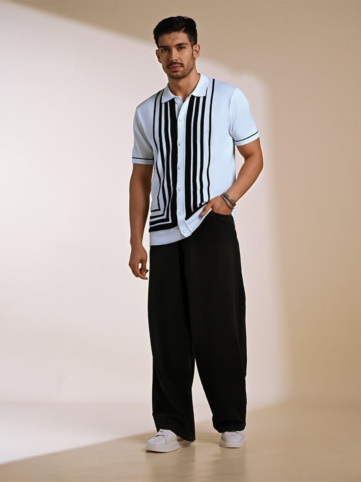 Black & white knitted polo T-shirt – stylish cotton knitwear - Gridlock