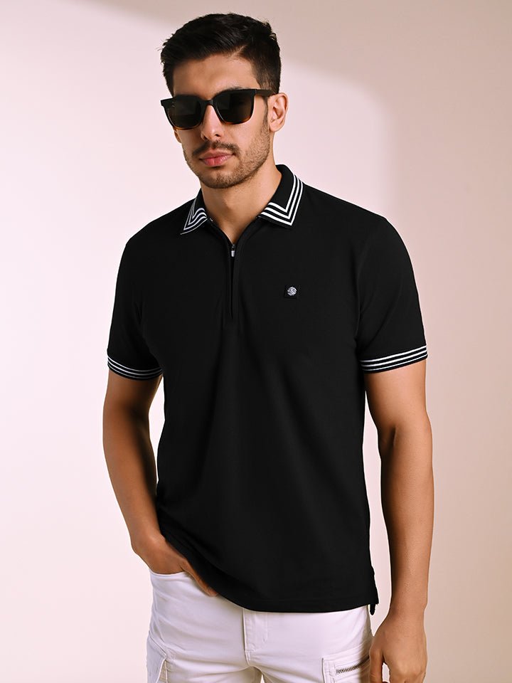 Quarter Zip Black Polo T-shirt - Raven