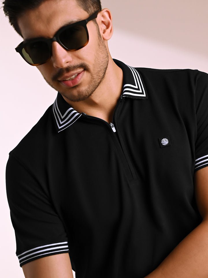 Quarter Zip Black Polo T-shirt - Raven