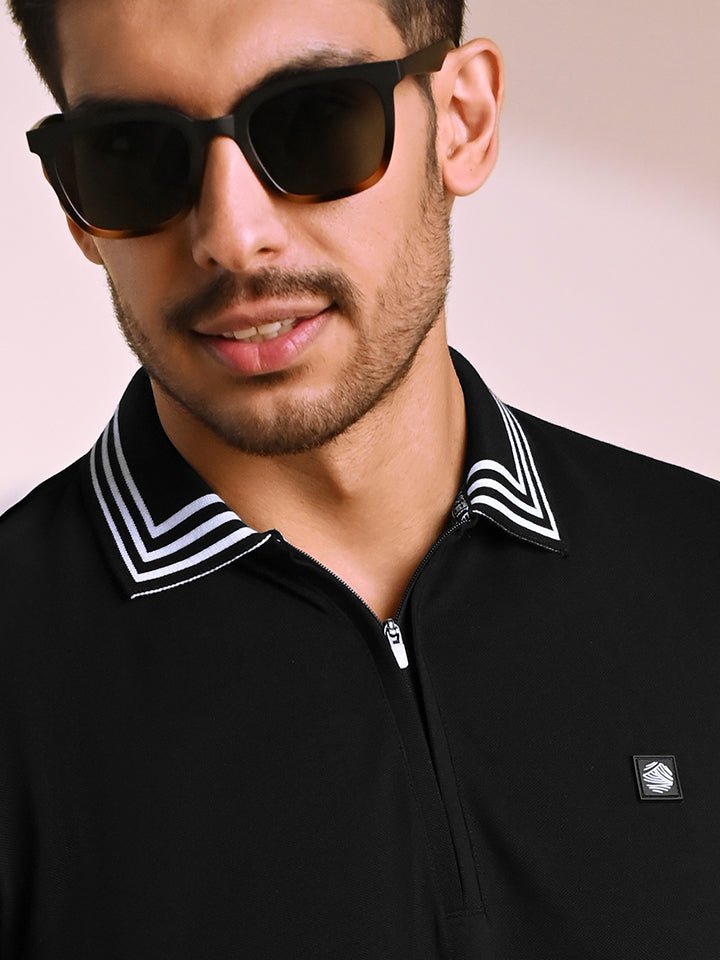 Quarter Zip Black Polo T-shirt - Raven