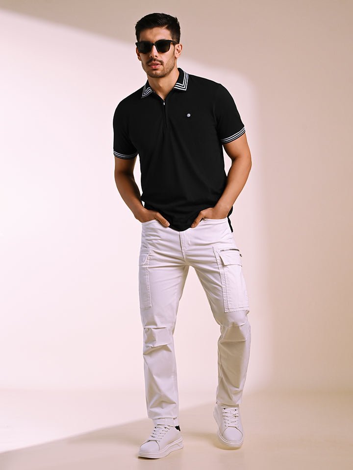 Quarter Zip Black Polo T-shirt - Raven