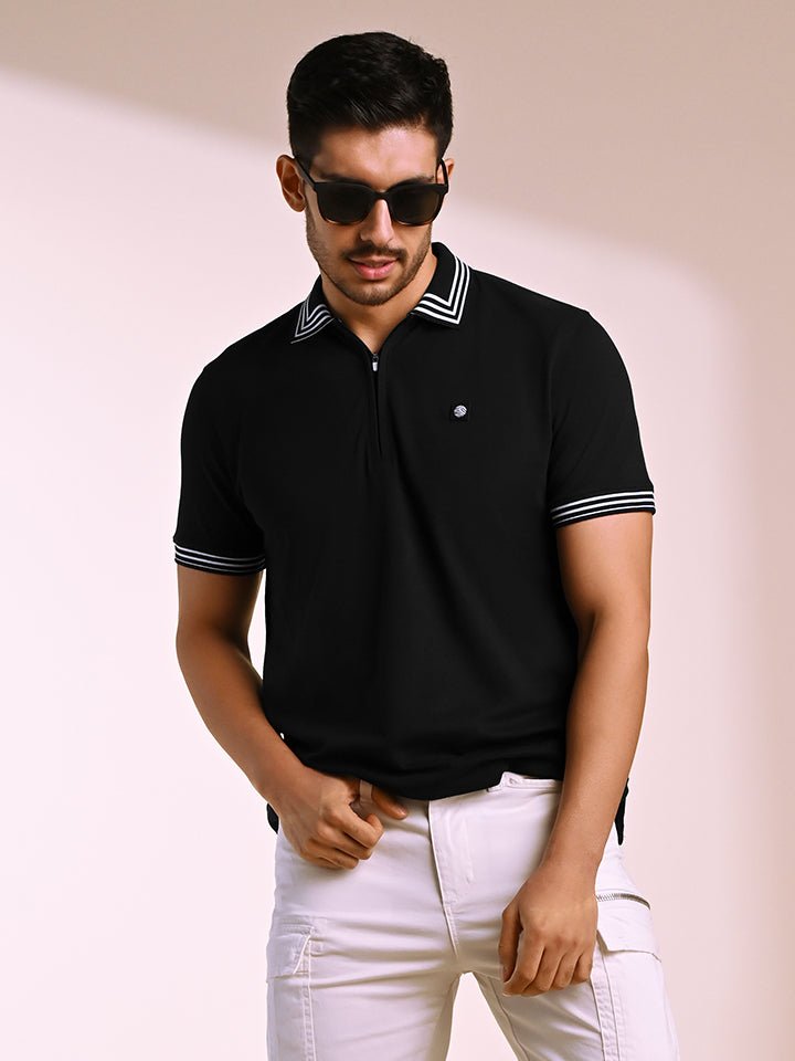 Quarter Zip Black Polo T-shirt - Raven