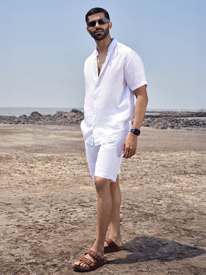 Relajarse 100% Linen Mandarin collar Summer white Shirt - Half Sleeve