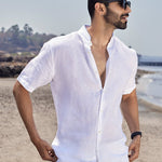 Relajarse White Linen Mandarin Shirt - half sleeve