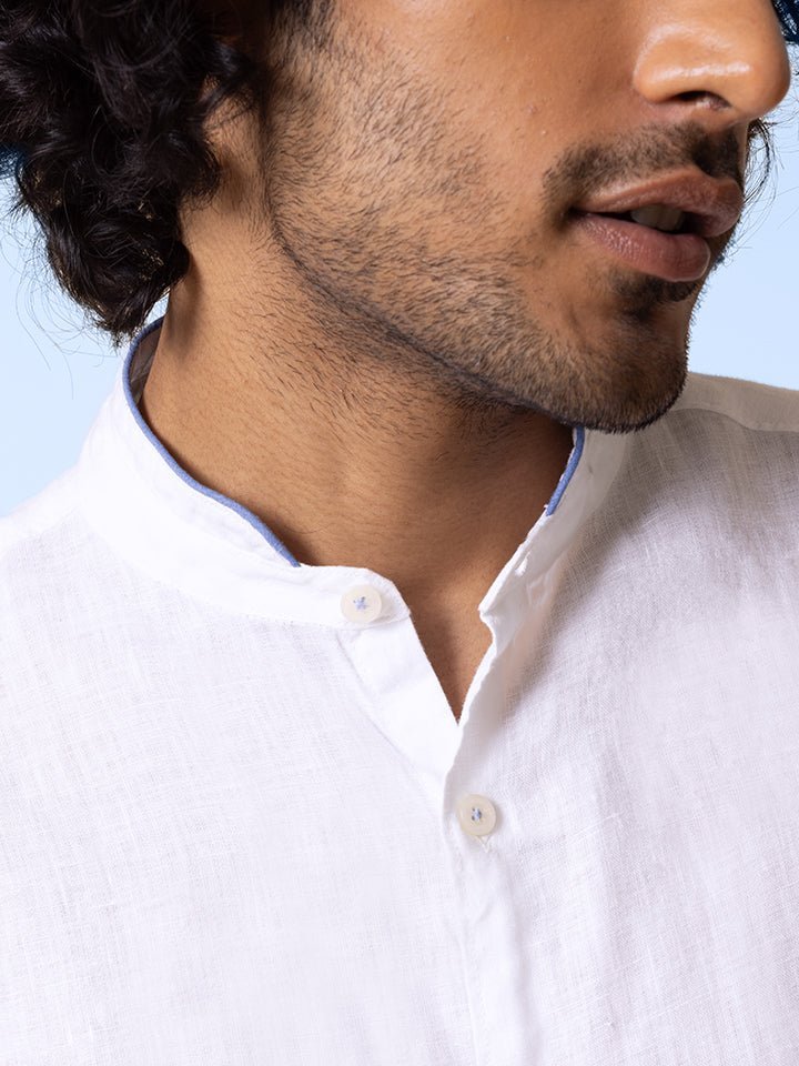 Relajarse 100% Linen Mandarin collar Summer white Shirt - Half Sleeve