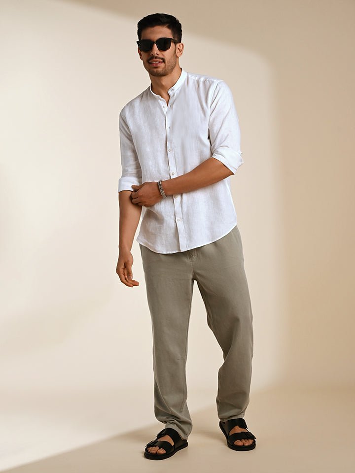 Linen white full sleeve Mandarin collar shirt - Zen