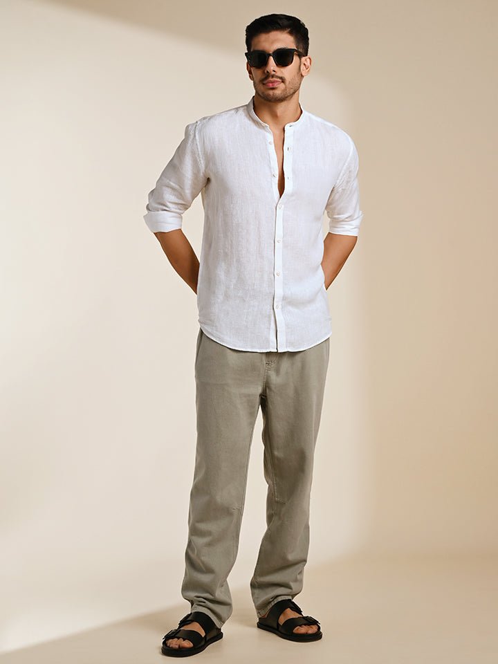 Linen white full sleeve Mandarin collar shirt - Zen