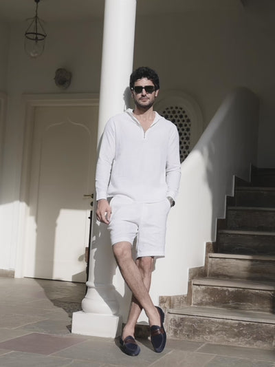 Cocoon White Linen Blend Hooded Zipper Shirt