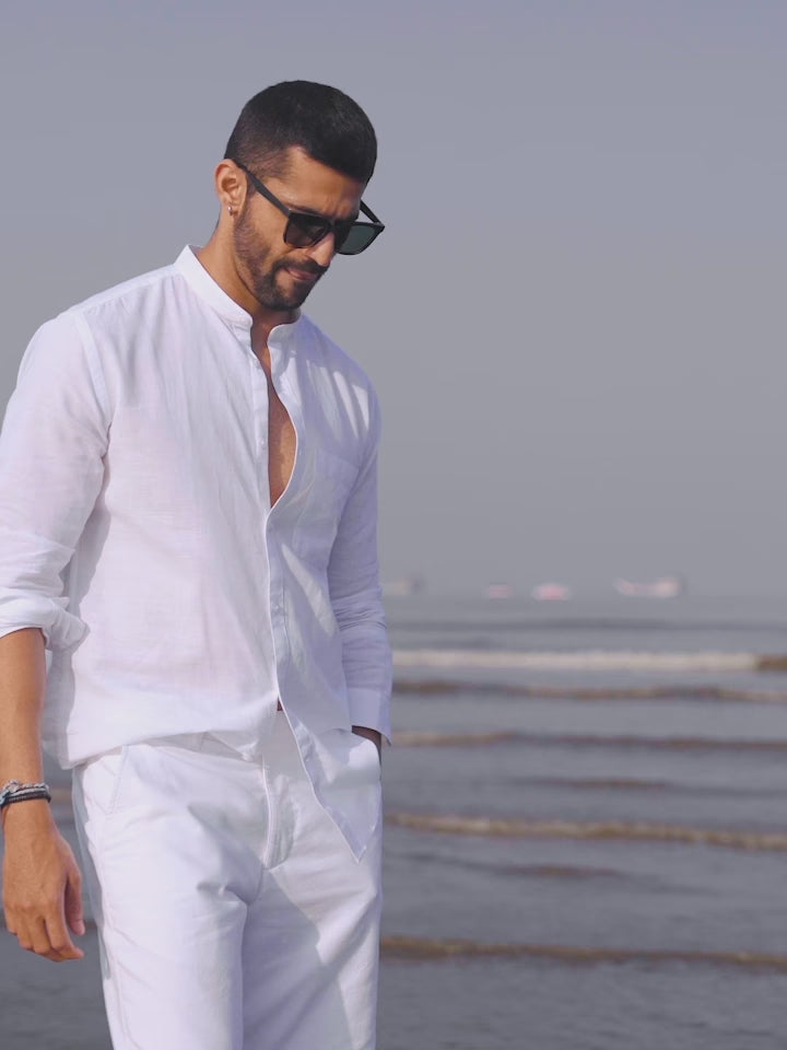 White cotton & linen Mandarin collar shirt Zephyr