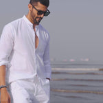 White cotton & linen Mandarin collar shirt Zephyr