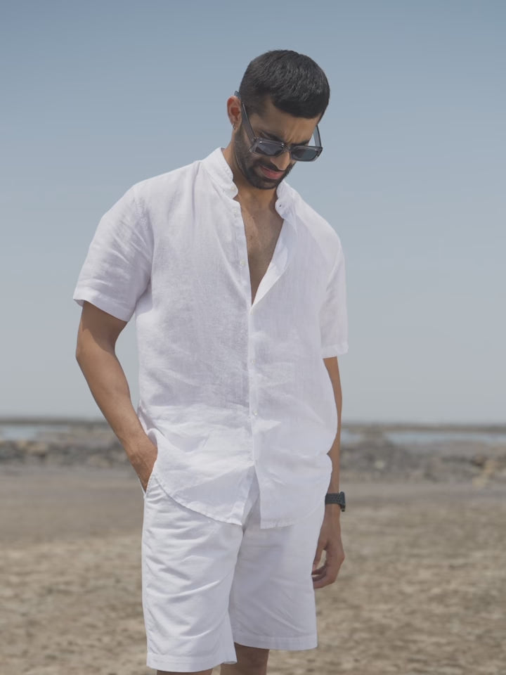 Relajarse 100% Linen Mandarin collar Summer white Shirt - Half Sleeve