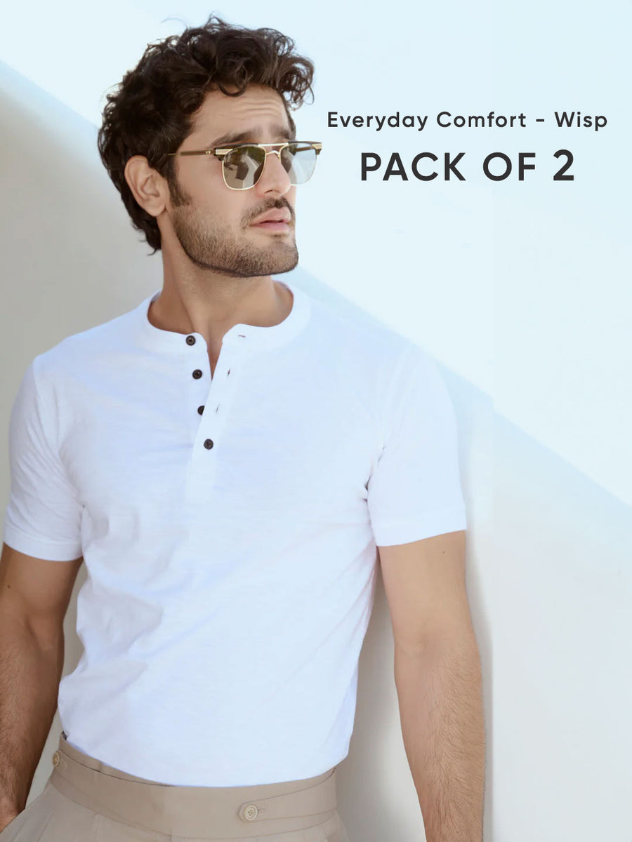 Black Buttons Pure Cotton White Henley T-shirt - Wisp ( Pack of 2)