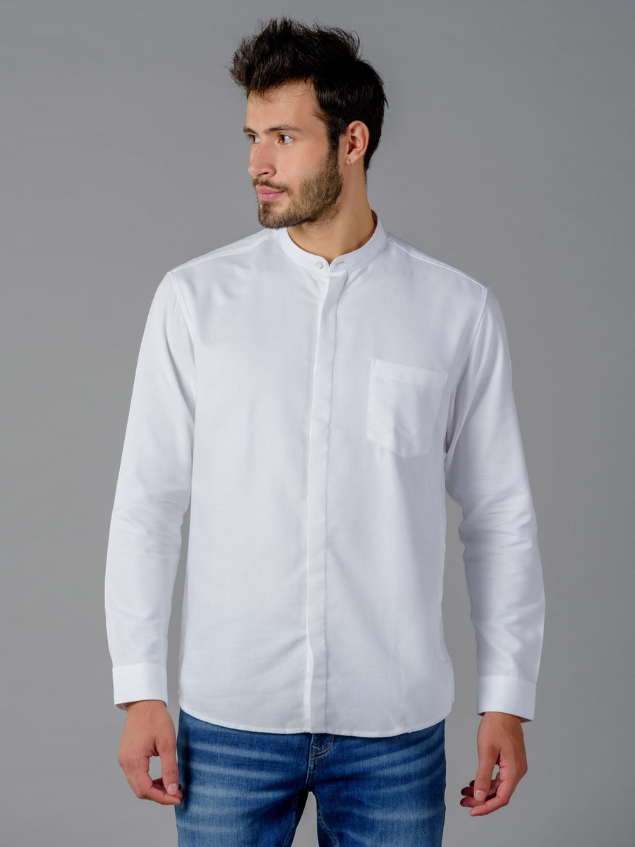 Mandarin Collar Double Twill White Shirt - Glide