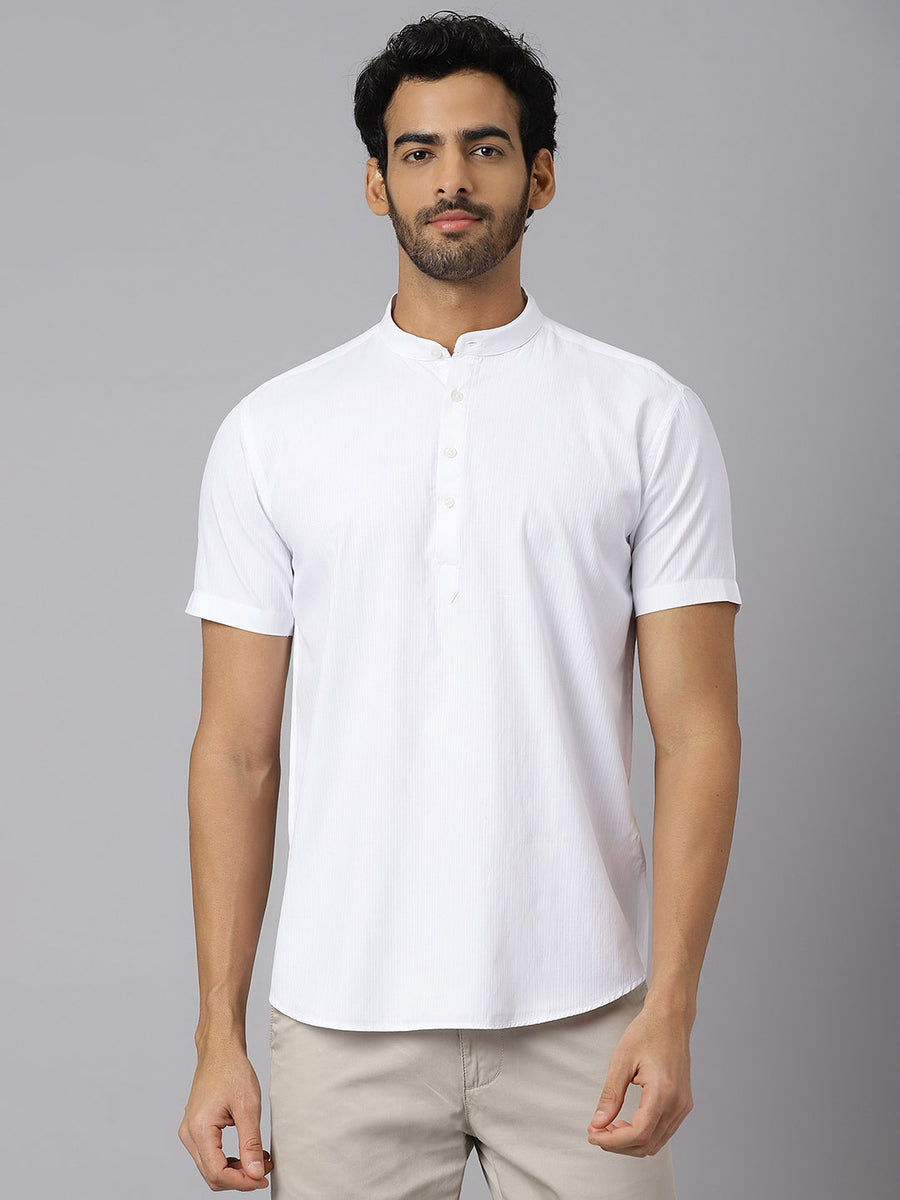 Centre Placket Premium Dobby White Kurta - Campus