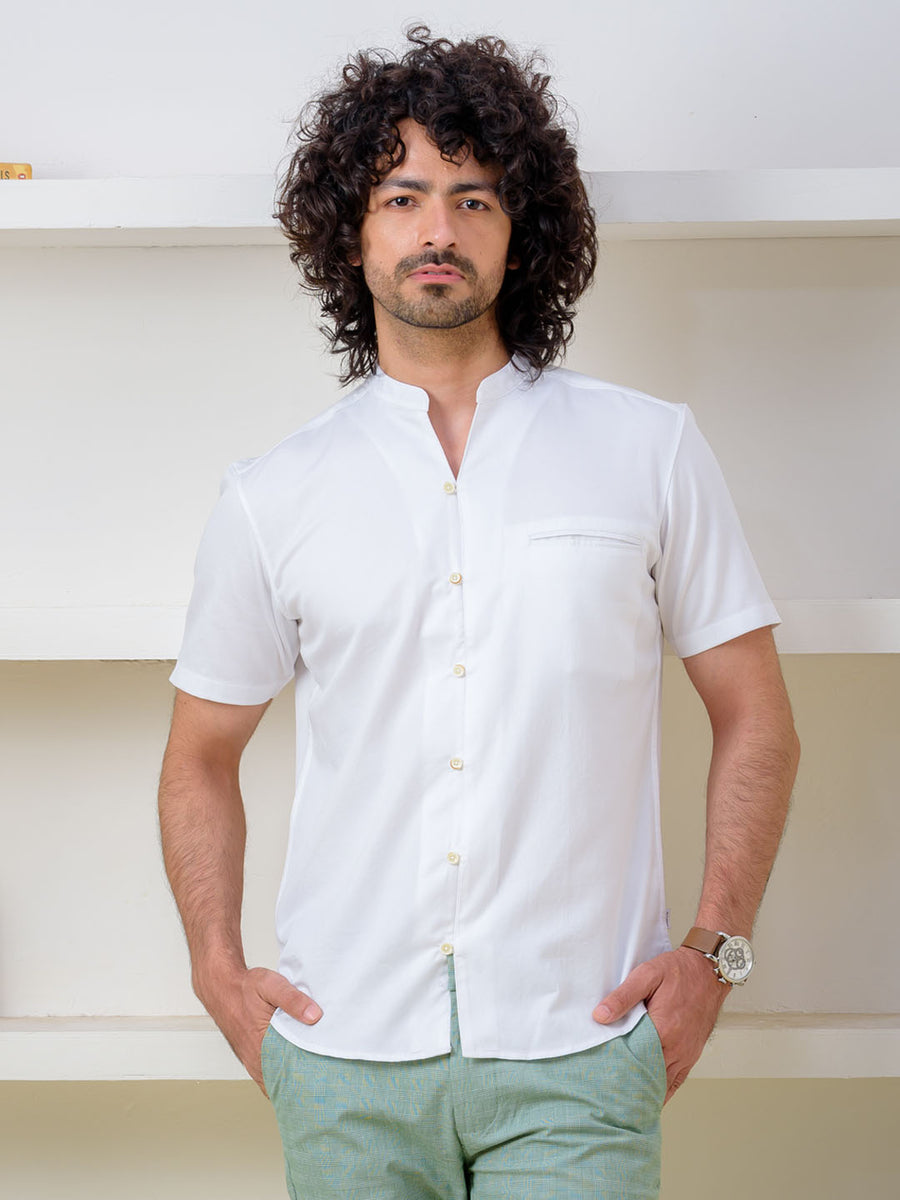 V-Neck Mandarin Collar White Shirt - Enchant