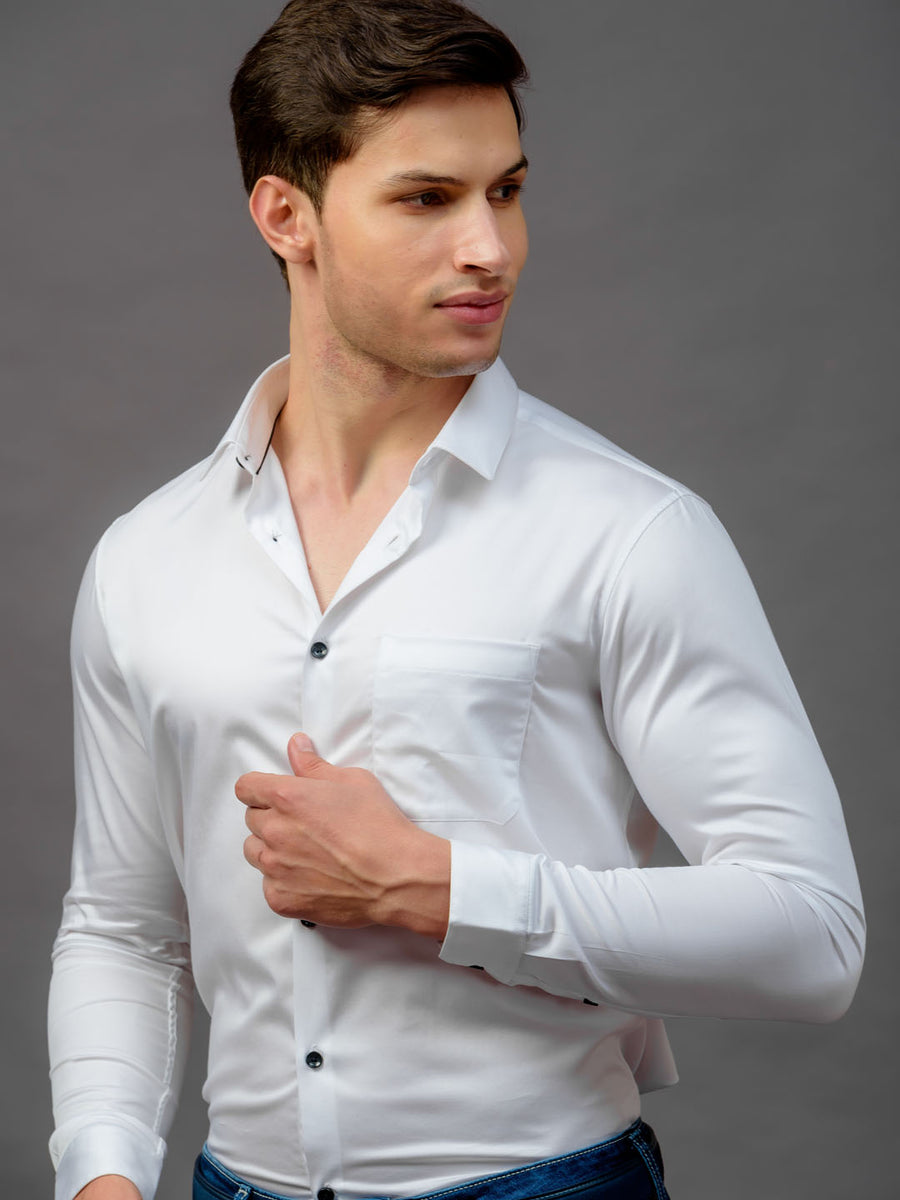 French Placket Cotton Satin White Shirt - Fete