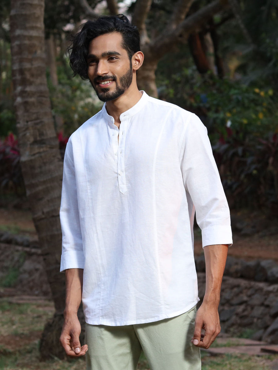 Panel Detail Cotton Linen White Kurta - Halfway