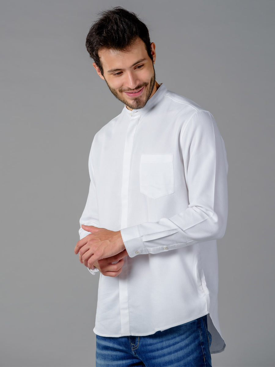 Mandarin Collar Double Twill White Shirt - Glide