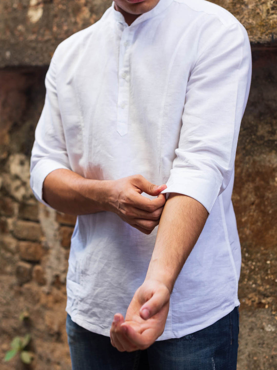 Panel Detail Cotton Linen White Kurta - Halfway