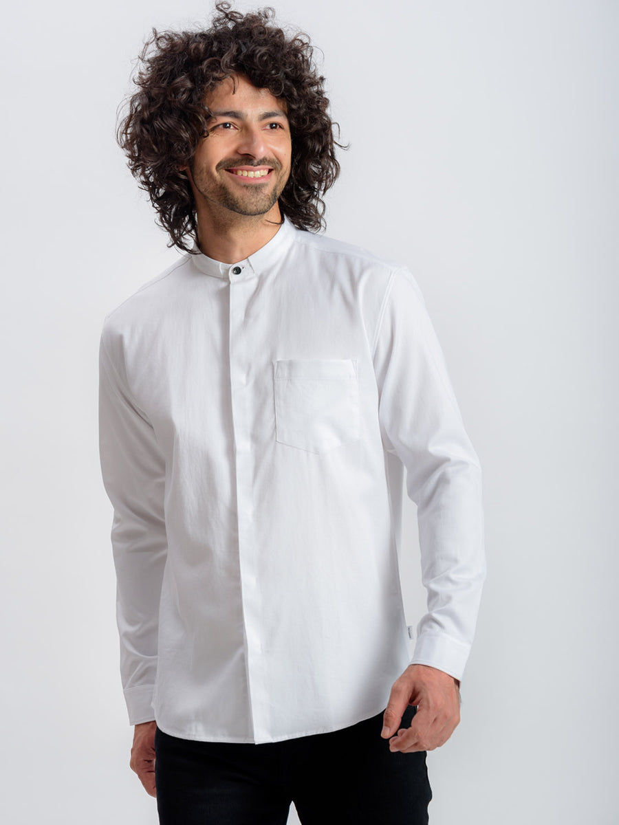 Mandarin Collar Pure Cotton Concealed Placket White Shirt - Style Up