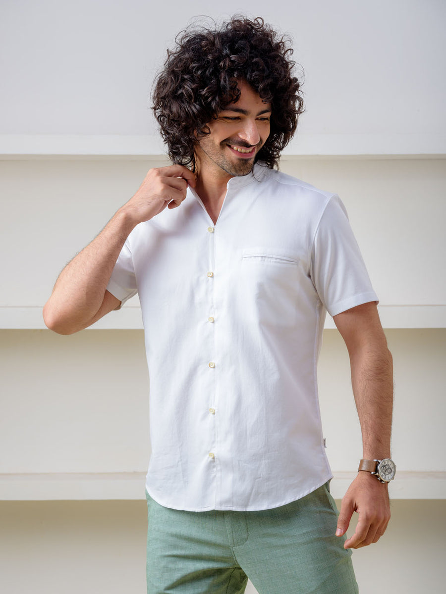 V-Neck Mandarin Collar White Shirt - Enchant