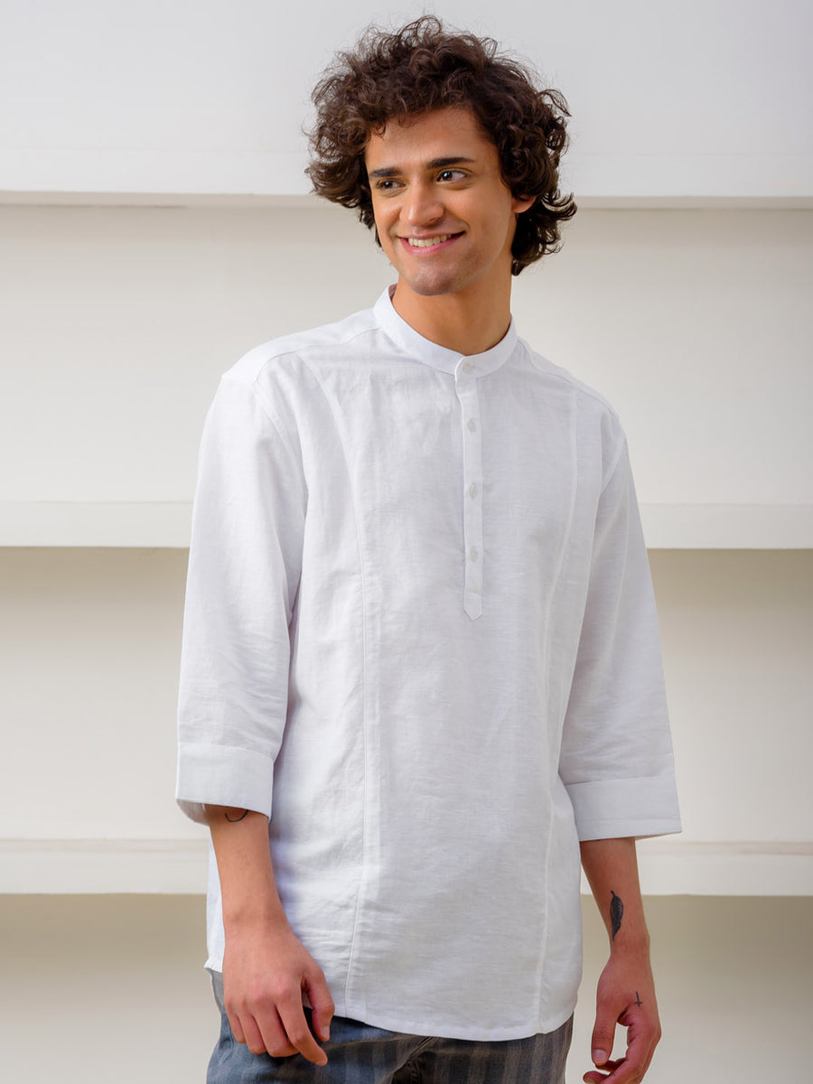 Panel Detail Cotton Linen White Kurta - Halfway