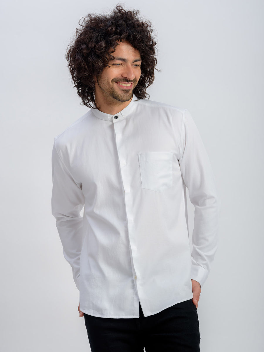 Mandarin Collar Pure Cotton Concealed Placket White Shirt - Style Up