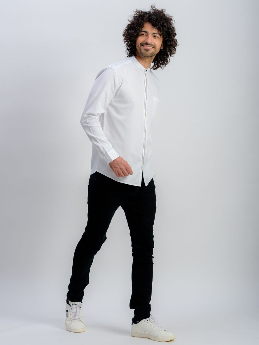 Mandarin Collar Pure Cotton Concealed Placket White Shirt - Style Up