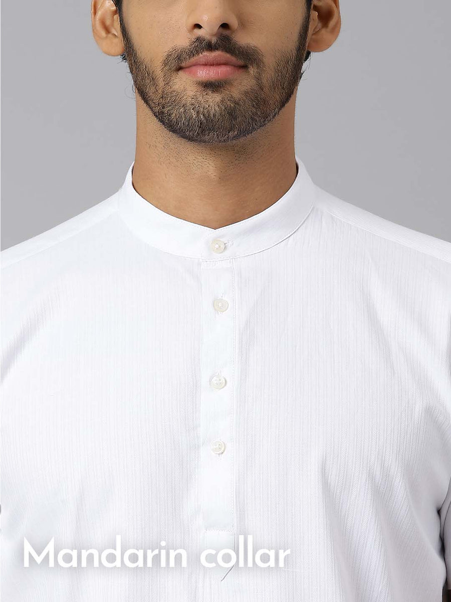 Centre Placket Premium Dobby White Kurta - Campus