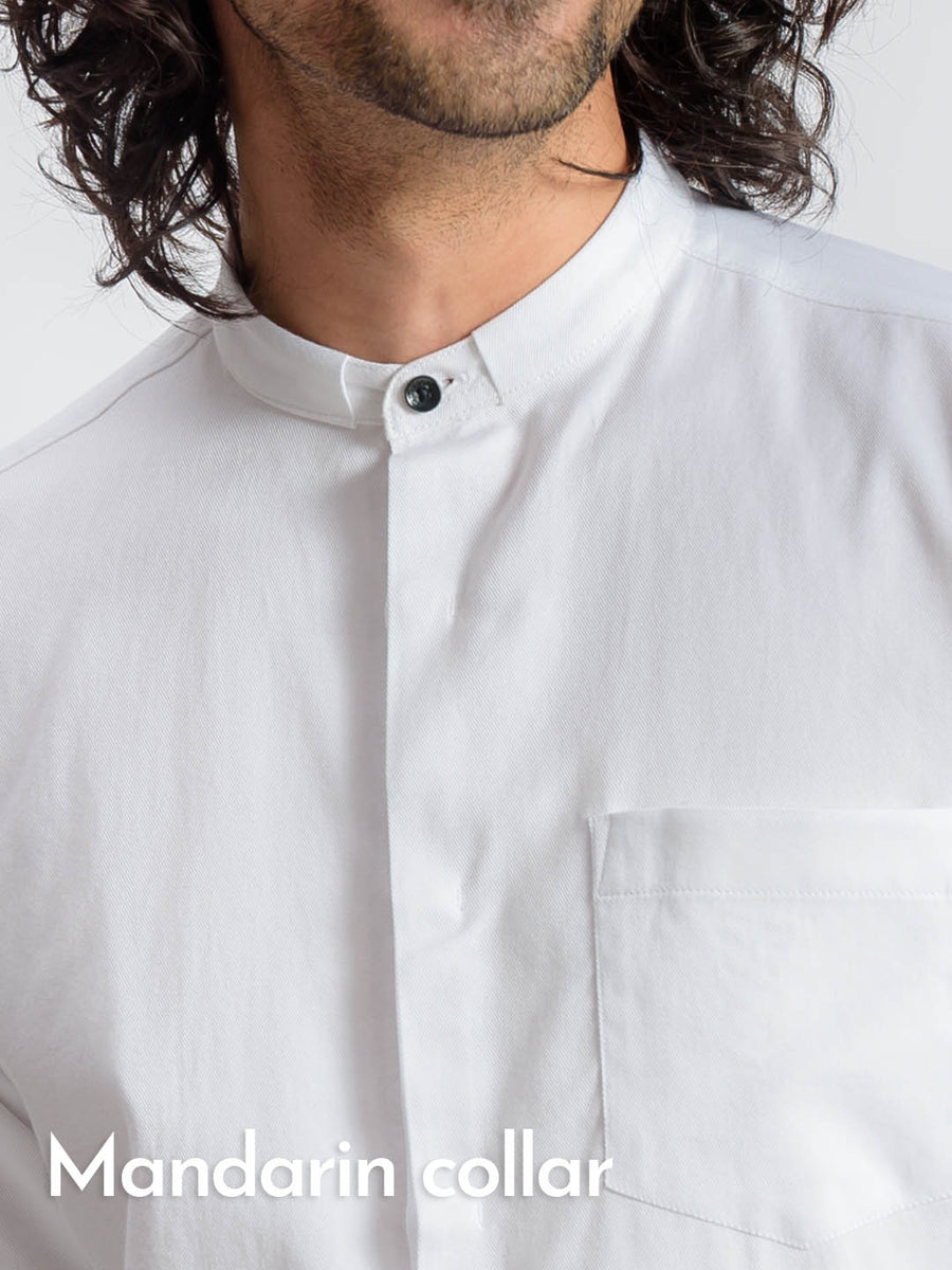 Mandarin Collar Pure Cotton Concealed Placket White Shirt - Style Up